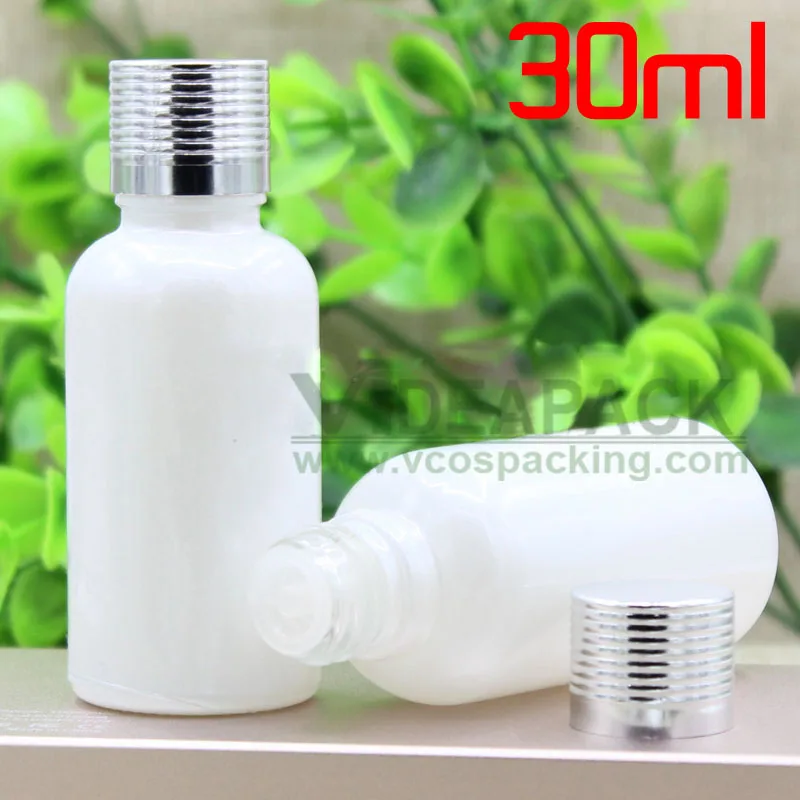 50pcs 30ml white glass empty bottle / Essential oil bottle silver aluminum cap Essence hyaluronic acid containe
