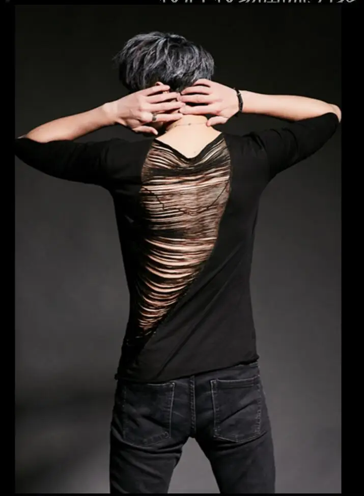 Hot New Fashion Hollow Short-sleeved T-shirt For Men's Tide Hairstylist Personality Nightclub Ds Dj Tops Singer Stage Costumes | Мужская