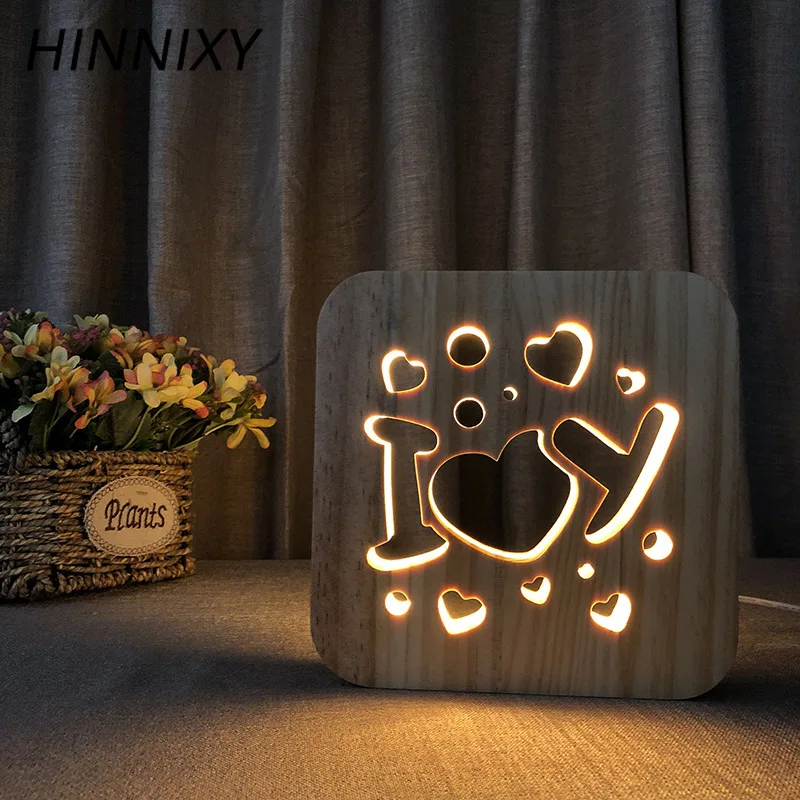 Hinnixy Любовь Сердце полый ночник 3D квадратный деревянный мягкий свет прикроватный