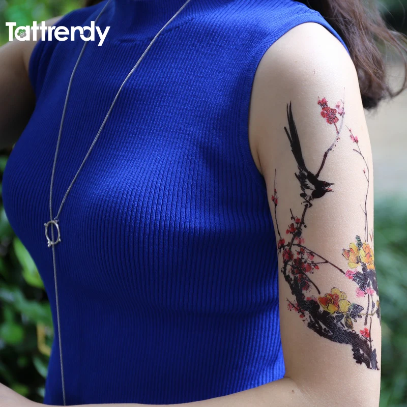Китайские монохромы Wintersweet Flower Bird Tattoo серии черные чернила и Моющиеся