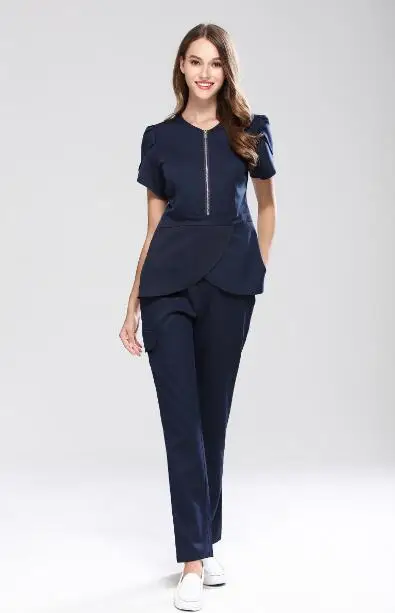 navy blue Новая мода Slim Fit Spa медицинские наборы для скраба женский салон красоты стоматологическая клиника спецодежда униформа на молнии дизайн медицинский Халат - Цвет: navy blue