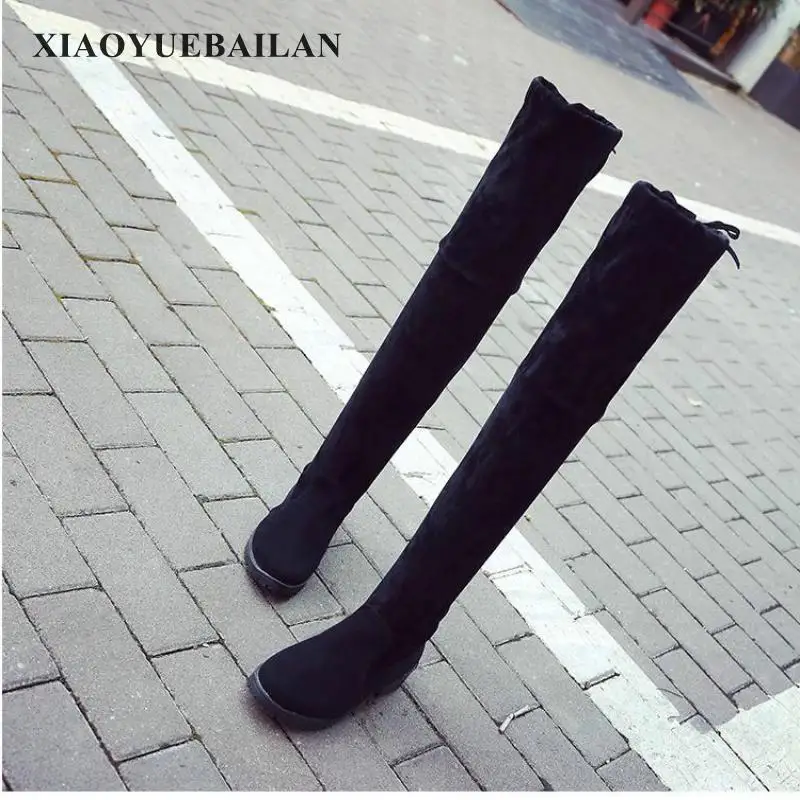 2017 г. Новые зимние сапоги с бархатом женские эластичные тонкие рыцарские до