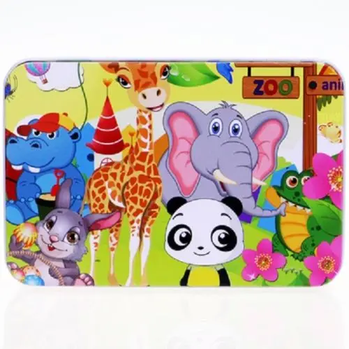 Zoo-Animal-100pcs Монтессори деревянная настольная игра-головоломка штук с металлической коробкой 60/100/200 шт. Juguetes IQ образования детей 3 лет с принтом Бэтмена из мультфильма животное - Цвет: Zoo-Animal-100pcs