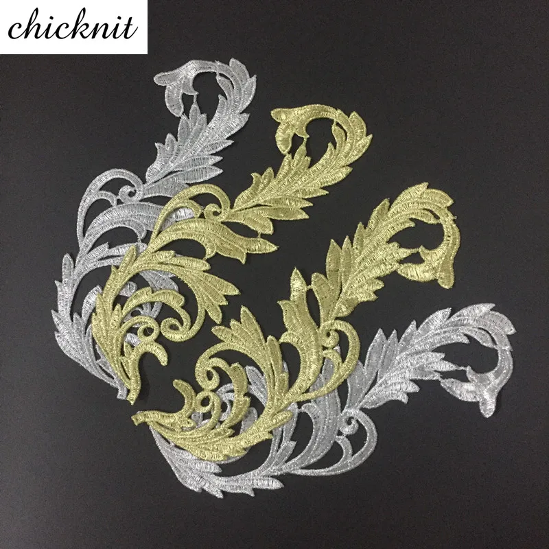 CHICKNIT 1 зеркальная пара Золотая Серебряная кружевная вышивка, аппликация, аксессуары DIY кружевной воротник, кружевная ткань, нашивка JA29