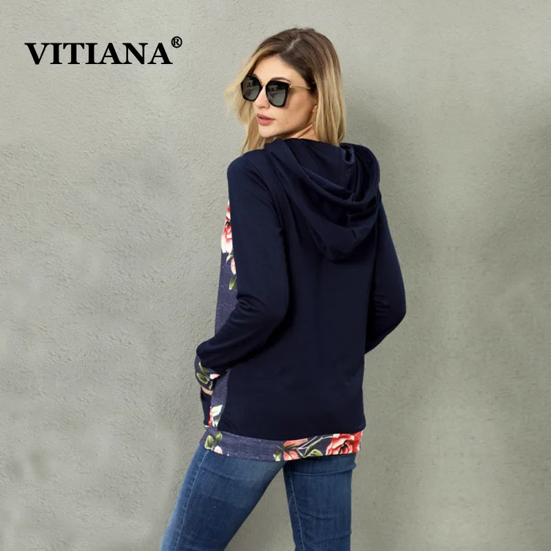 VITIANA Women Casual Pullover Hoodies Female Autumn Floral Print Fashion Sweatshirt Long Sleeve Hooded Pockets Womens Pullovers | Женская