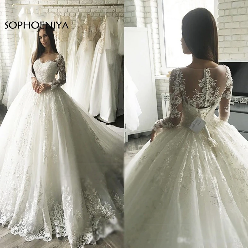 

New Arrival Ball Gown Lace Wedding Dresses 2021 Illusion Back Long New Bride Dresses Plus Size Wedding gowns Vestido de novia