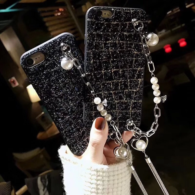 Жемчуг сердце цепочка браслет глиттер для телефона чехол iPhone 6 6s 7 8 plus X XS MAX XR Samsung