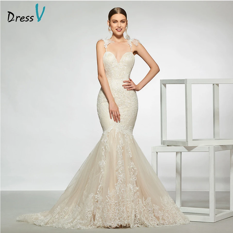 Dressv элегантное кружевное свадебное платье на бретельках без рукавов длиной до