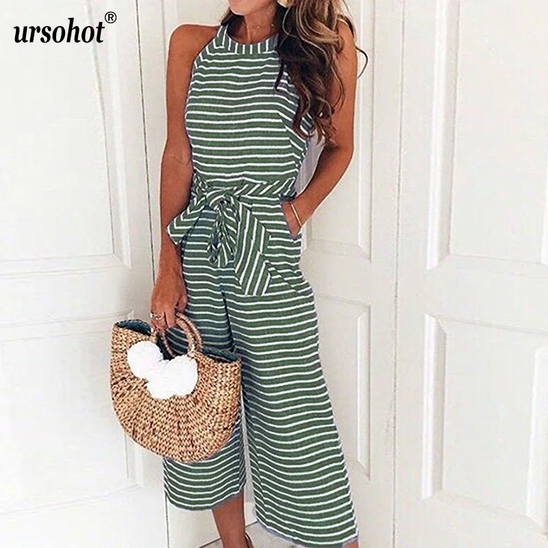 Ursohot Fashion Slim Striped Jumpsuit Female Halter Bandage With Belt Loose Sleeveless Rompers O Neck Overalls For Women 2018 | Женская
