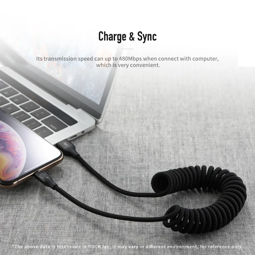 Выдвижной usb кабель ROCK для iPhone быстрой зарядки растягивающийся XS Max XR X 8 7 6 5 Plus iPad
