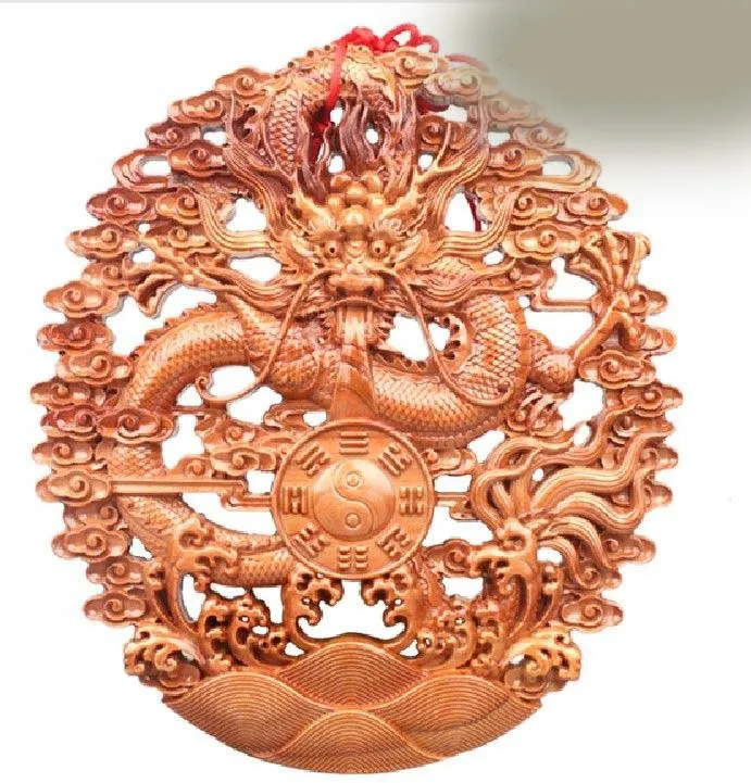 

16" China peach wood dragon the Eight Diagrams wall plate Sculpture Statue (D0426)