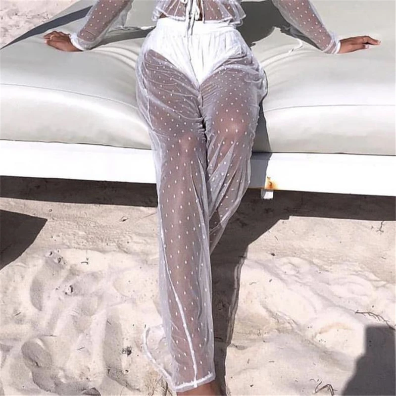 

Summer Women Pants Sexy Women High Waist See Through Trousers Loose Wide Leg Pants Bikini Cover Up Beach Wear Ladies Trousers