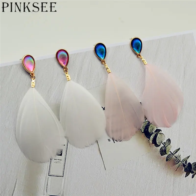 Женские винтажные серьги PINKSEE зимние длинные капельки с перьями многоцветные