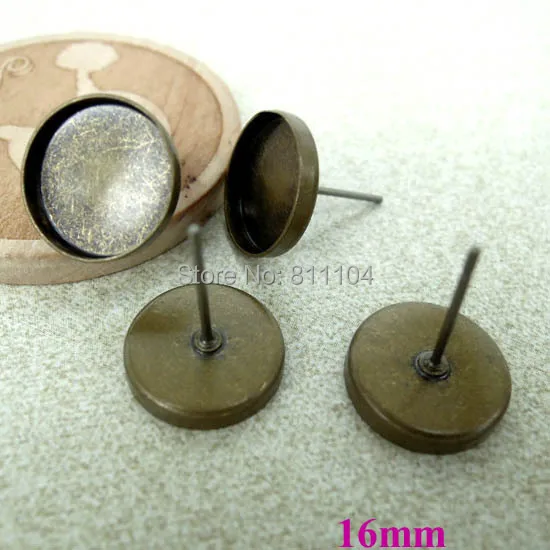 

16mm Antique Bronze tone Blank Earrings Bases Round Deep Wall Bezel Cups Cabochon Settings Earrings Stud Pins Findings Wholesale