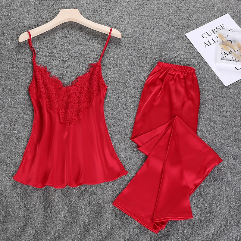 

Women Silk Satin Pajama Set Sleeveless Pyjama Set V-neck Pijama Set Lace Nightwear Sleepwear Two Pieces For Summer