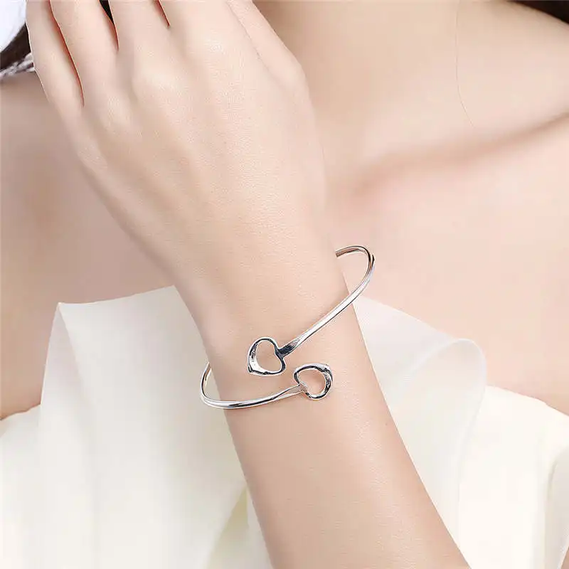 HZYMEZ Fashion Double Love Heart Bangle Metal Open End Cuff Bracelets &amp Bangles Silver Color Plated Jewelry For Women Jewelery |