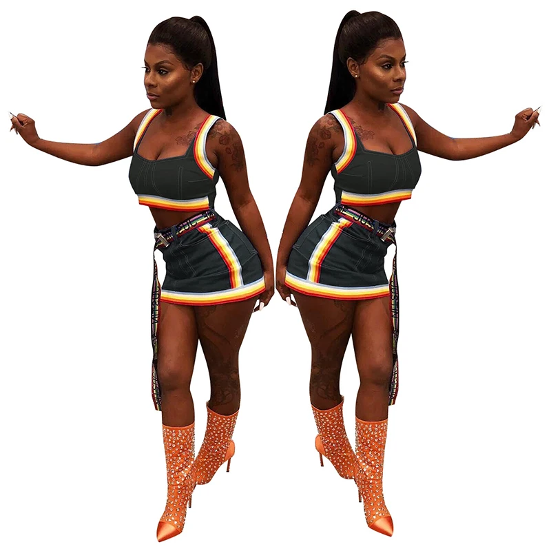 Летний джинсовый комплект с радужными полосками женский укороченный топ без