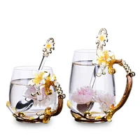 enamel glass cup pinkyellow lily flower handgrip style coffee cups tea heat resistant water cup glasses drinkware lovers cups