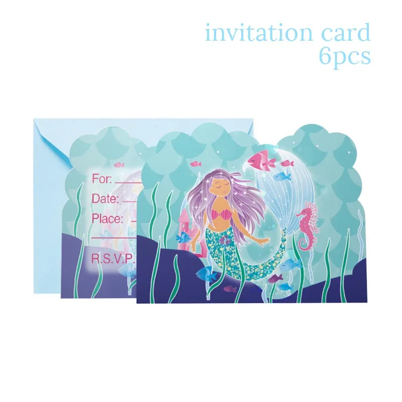 6pcs Invitation Card JOY-ENLIFE Русалка Морская звезда морской конек Блестящий Топпер для торта на день рождения украшения для детской вечеринки - Цвет: 6pcs Invitation Card