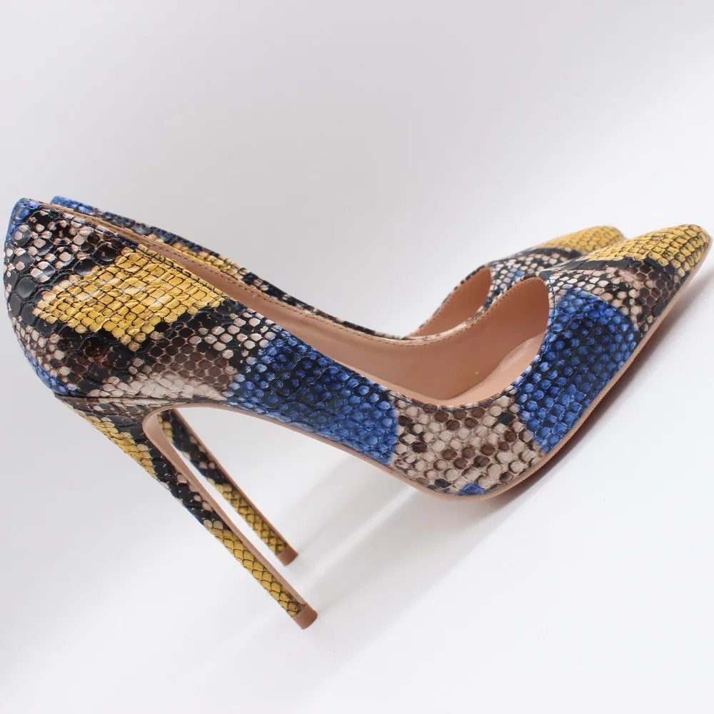 

Бесплатная доставка, модные женские туфли-лодочки, женские туфли на высоком каблуке с острым носком из змеиной кожи синего и желтого цветов,...