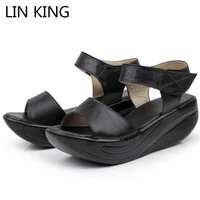 lin king big size womens sandals ankle platform shoes solid lady wedges summer beach shoes leisure height increase swing shoes