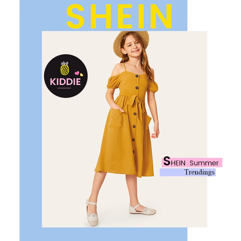 SHEIN/детское однотонное платье для девочек с открытыми плечами и одной пуговицей спереди, с поясом, платье в стиле бохо,, летние платья миди с короткими рукавами для отдыха