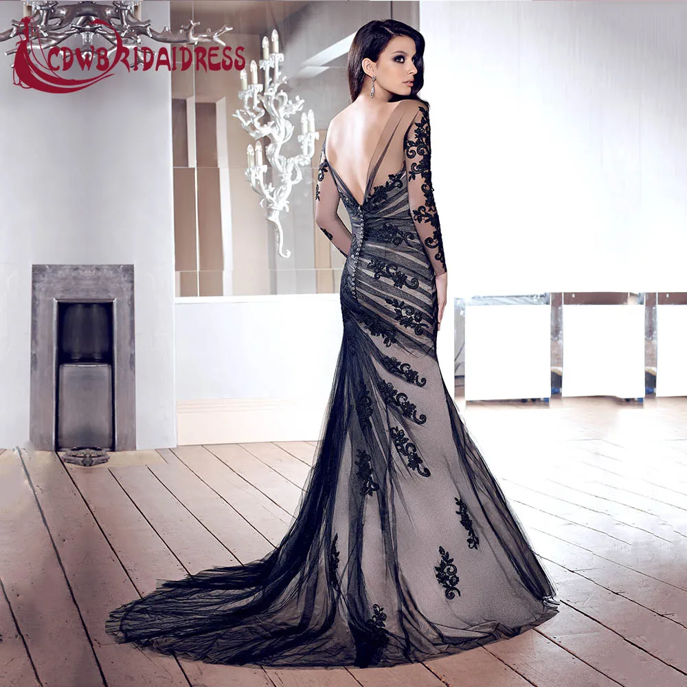 Новое Поступление Романтика Черное Кружево Аппликация Длинные Русалка Вечерние
