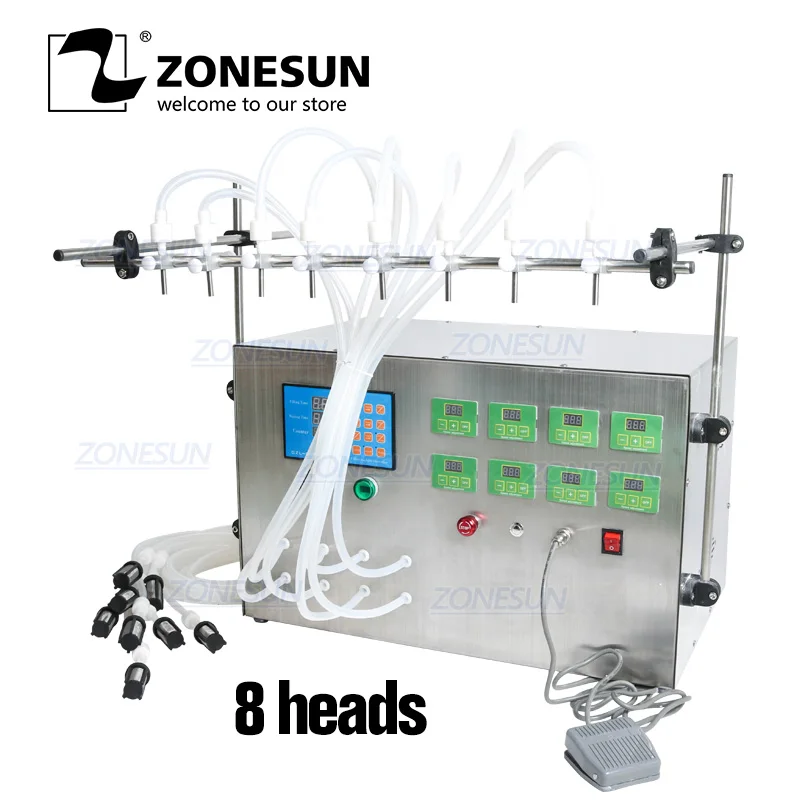 

ZONESUN Electric Liquid Filling Machine Digital Control Pump 8 Heads Bottle Water Perfume Juice Essential Oil Milk Filer