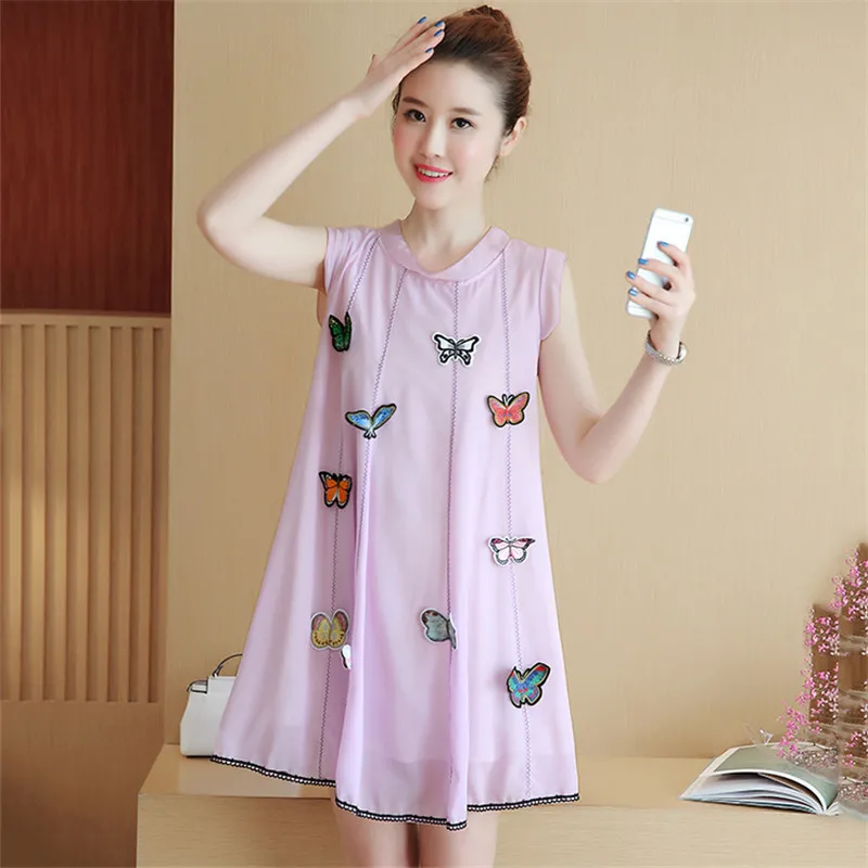 MLXSLKY Maternity Dress 2019 summer new fashion large size loose chiffon sleeveless sweet cartoon butterfly pregnant women dress | Мать и