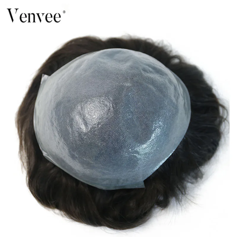 Hair Toupee Men Thin Skin System Natural Looking 100% European Human Hair Toupee PU Replacement System VenVee Remy Hair