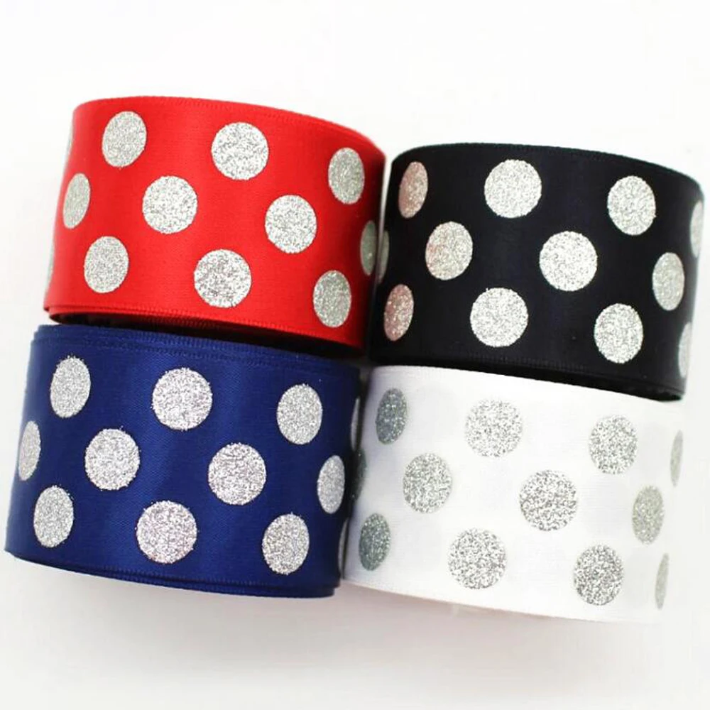 

High quality 1-1/2 38mm polka dots with ribbon 50 yards DIY handmade materials Gift wrap headwear wholesale satin silver powder