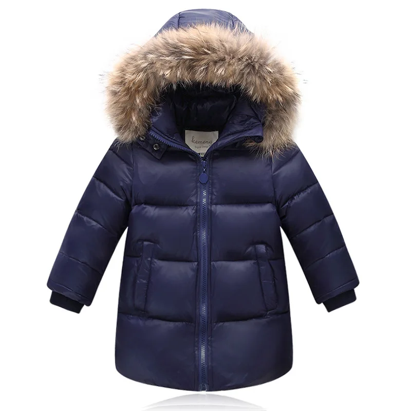 Blue Real Fur Зимнее пуховое пальто для девочек куртка с капюшоном из меха енота куртка-пуховик для мальчиков плотные теплые детские пальто для девочек, парка, TZ365 - Цвет: Blue Real Fur