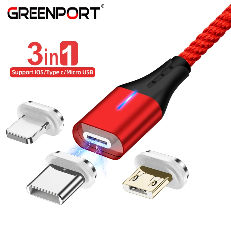 Магнитный кабель GREENPORT 3 в 1 Micro USB Type C для iPhone xs зарядный провод Samsung Huawei мобильный