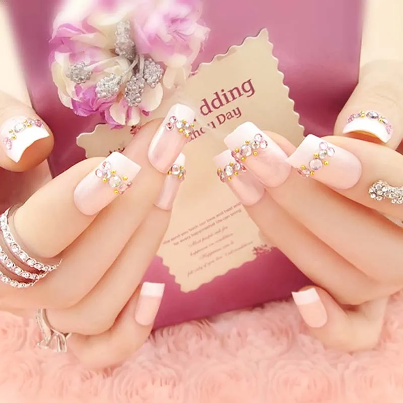 24 шт. накладные ногти во французском стиле с клеем розовый цвет Сияющие Стразы