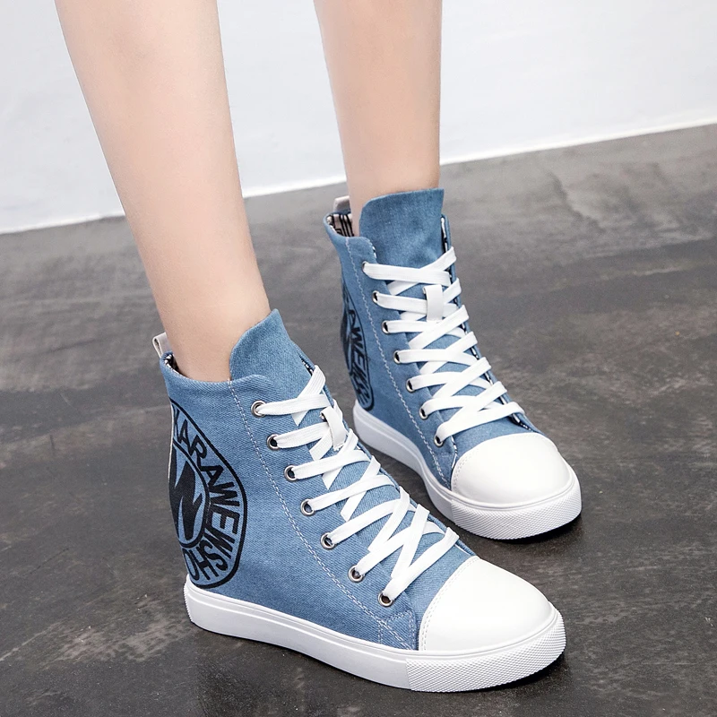 

2018 Wedge High Heels Thick Soled High Top Ladies Casual Shoes Women Platform Canvas Shoes Hidden Wedge Heel Boots Zapatos Mujer