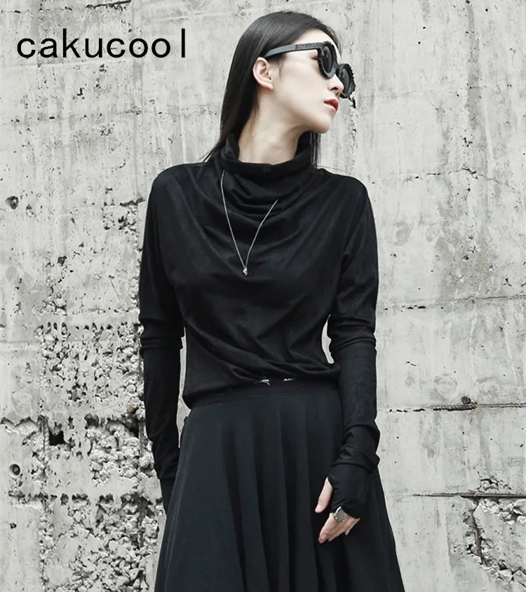 Cakucool Harajuku женская футболка с длинным рукавом осенняя шикарная водолазка черная