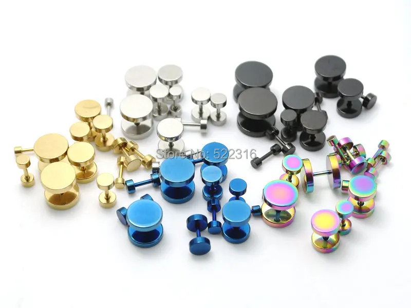 

200pcs mix color size lots stainless steel round fake ear plugs steel black gold blue rainbow color cheaters studs earrings