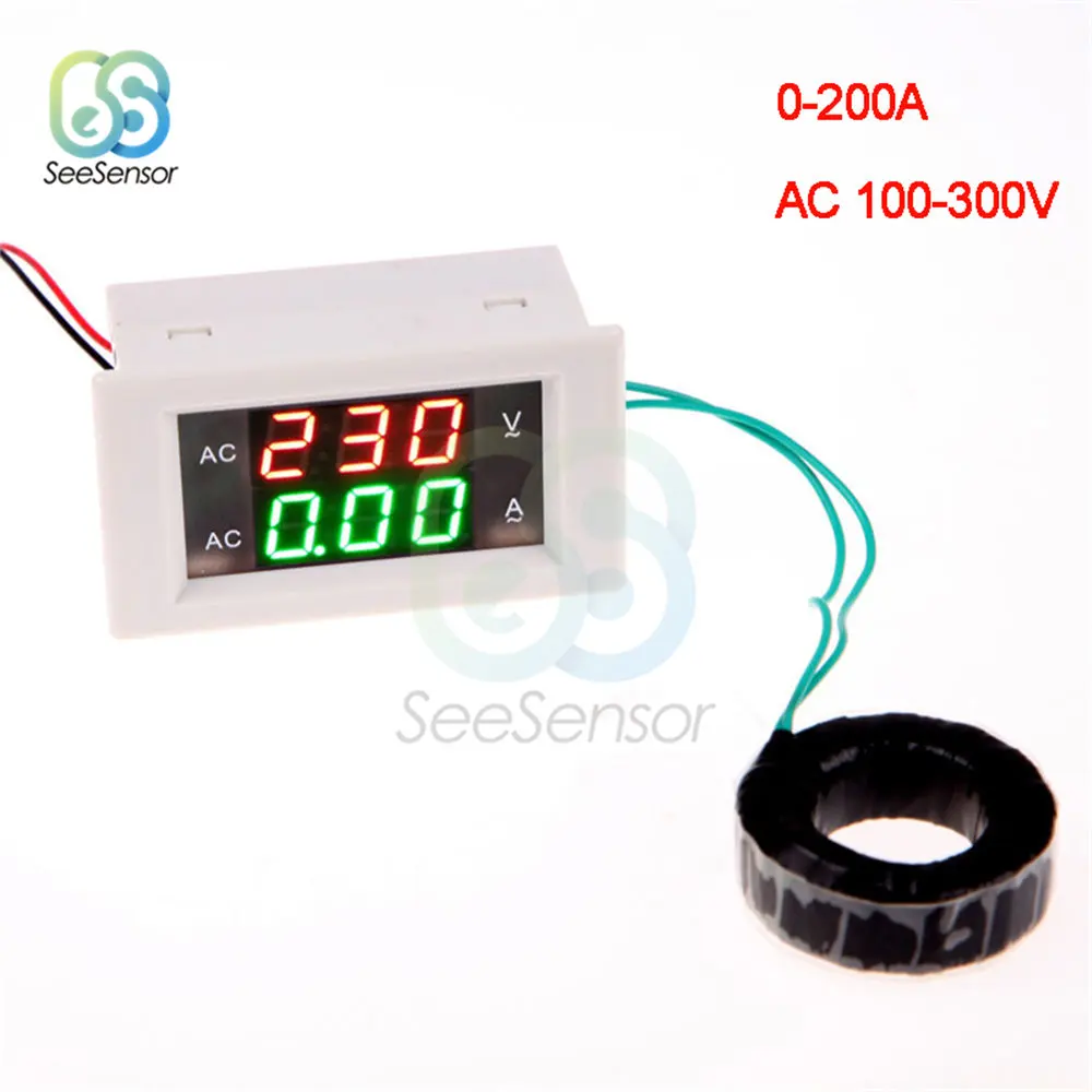 200A White Светодиодный цифровой вольтметр Амперметр 100A 200A AC 110V 220V Ампер ток метр измеритель напряжения красный зеленый двойной дисплей 100-300V 80-300V - Цвет: 200A White