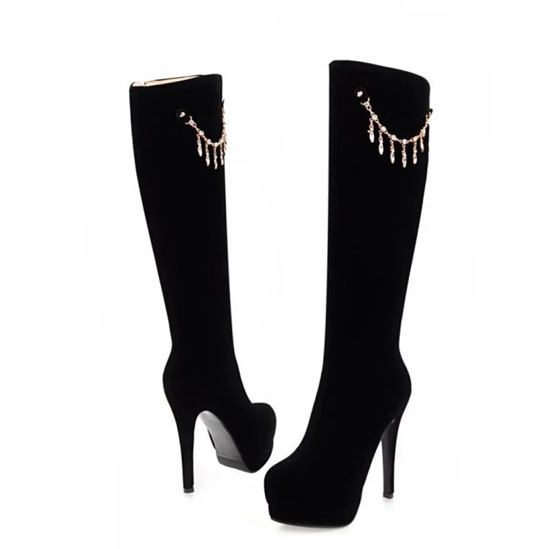 winter New pattern fashion Round head gules sexy Suede Thin leg Elastic force Boots Fine heel Add wool Keep warm Women Boots