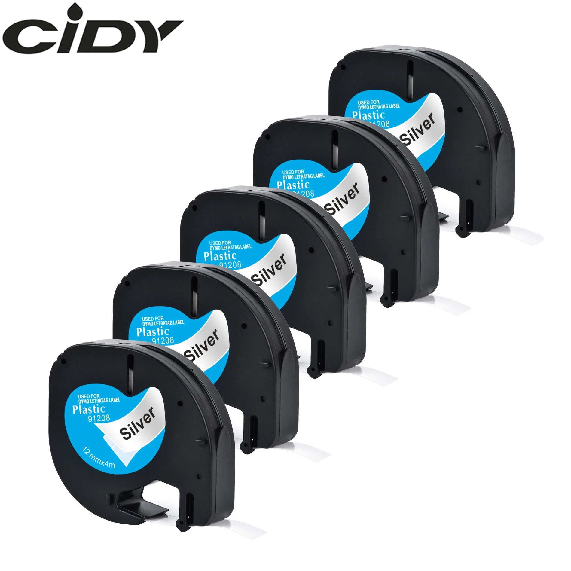 

CIDY 5pcs 12mm Black on Silver LT91208 plastic dymo letratag tape LT 91208 91338 91228 59429 for dymo ribbon label LT-100H 91201