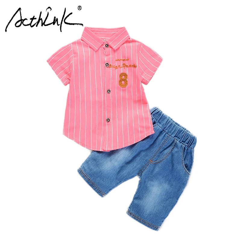 ActhInK New Baby Boys Dress Shirts Suit Summer Wedding Denim Pants Kindergarten Clothing Set |