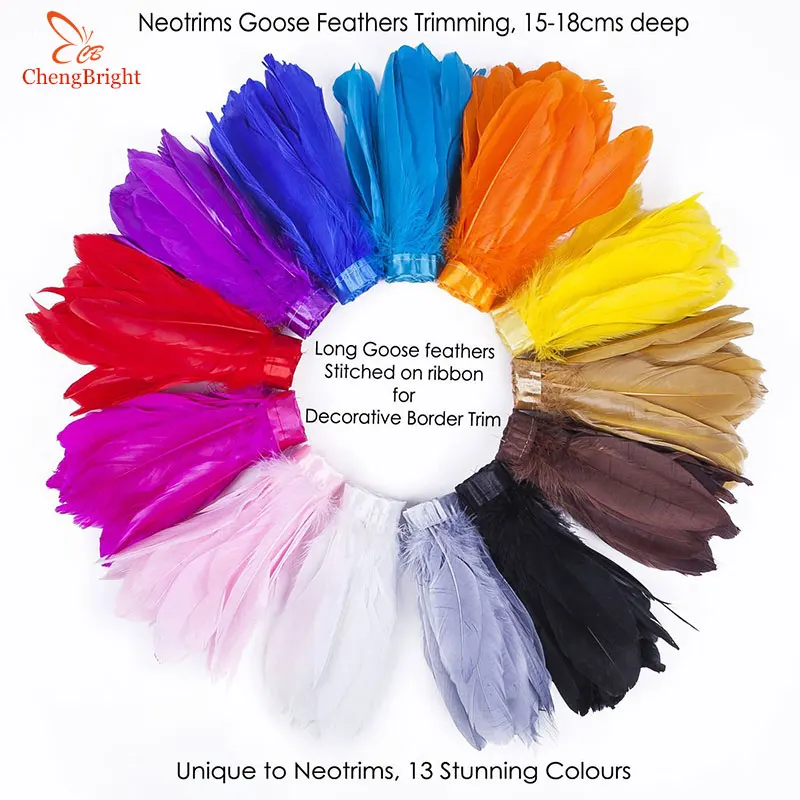 

CHENGVRIGHT Wholesale Goose Feather Trims 10 Yards/Lot Dyed Geese Feather Ribbons 15-18cm Fringes Cloth Belt DIY Decorative