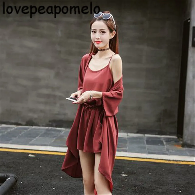 2018 spring and summer women's short-sleeved long-sleeved cardigan sling wide leg pants loose large size fashion suit 5XL D202 |