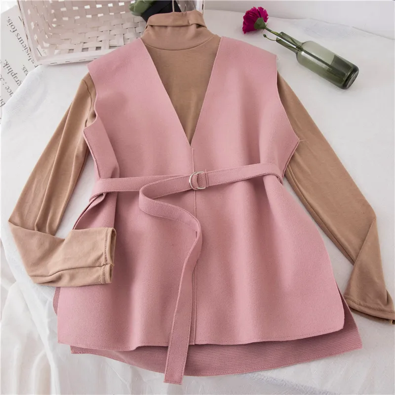 Neploe Two Pieces Sloid Elastic Long Sleeves T-Shirts+Spilt V-Neck Sashes Vest 2019 Autumn New Fashion Slim OF T-Shirt 69022 | Женская