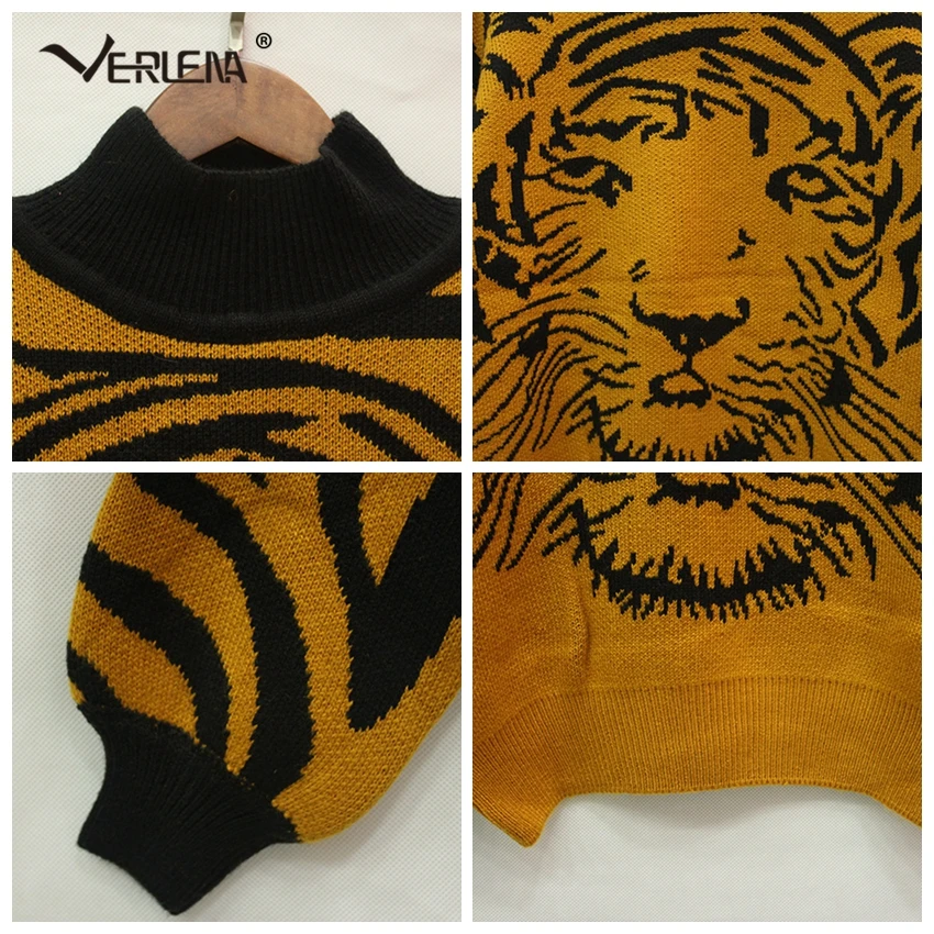 Batwing Sleeve Tiger Pattern Yellow Autumn Sweater Women 2019 Rib Funnel Collar Turtleneck Jumper Wool Oversized Loose Pullover | Женская