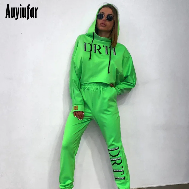 Auyiufar, неоновый цвет, повседневный спортивный комплект из 2 предметов, женская модная одежда для активного отдыха, одежда для тренировок, с капюшоном, укороченный топ и штаны, наборы