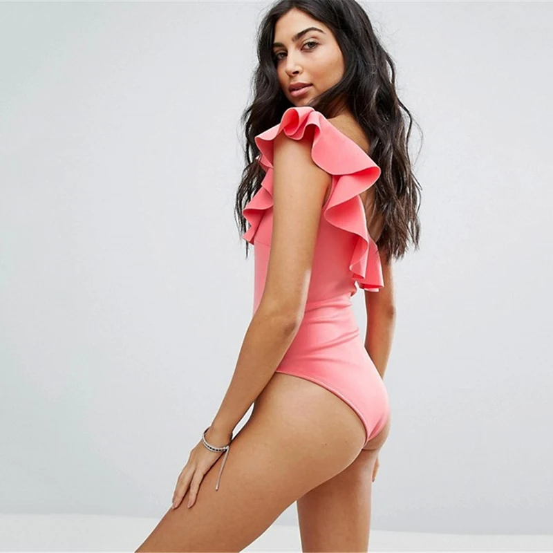 2019 Mujer Biquinis Купальник на одно плечо рюшами Однотонный женский купальник Мягкий