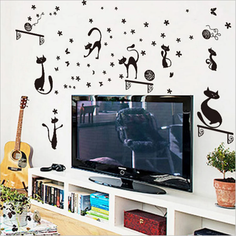 Новый милый мультяшный черный стикер на стену с кошкой детские комнаты