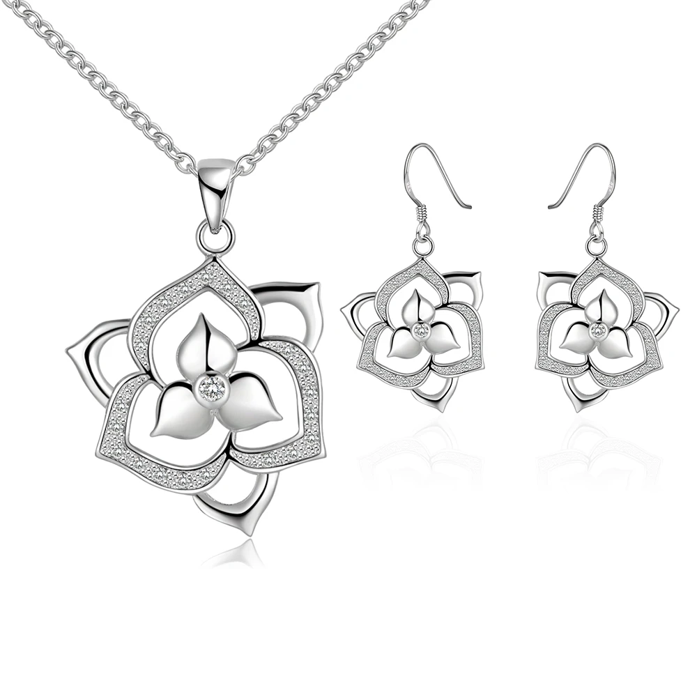Горячая Мода Серебряный кулон в виде цветка включает себя и серьги Ювелирные