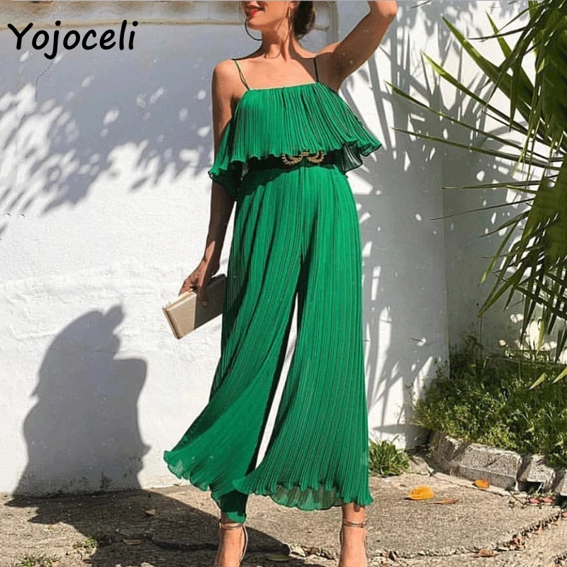 Yojoceli 2019 summer green pleated jumpsuit romper women streetwear wide leg strap female | Женская одежда